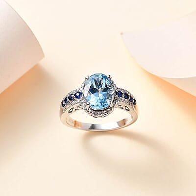 Luxoro AAA Mangoro Aquamarine, Ceylon Blue Sapphire and G-H I2 Diamond 3.80 ctw Ring in 14K White Gold (Size 10.0)