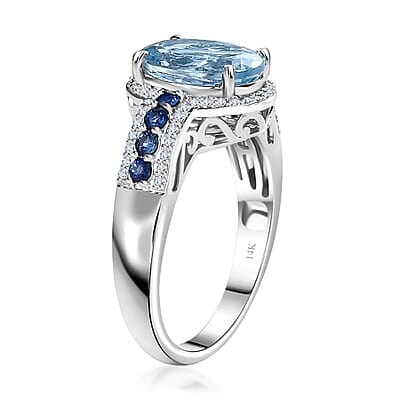 Luxoro AAA Mangoro Aquamarine, Ceylon Blue Sapphire and G-H I2 Diamond 3.80 ctw Ring in 14K White Gold (Size 10.0)