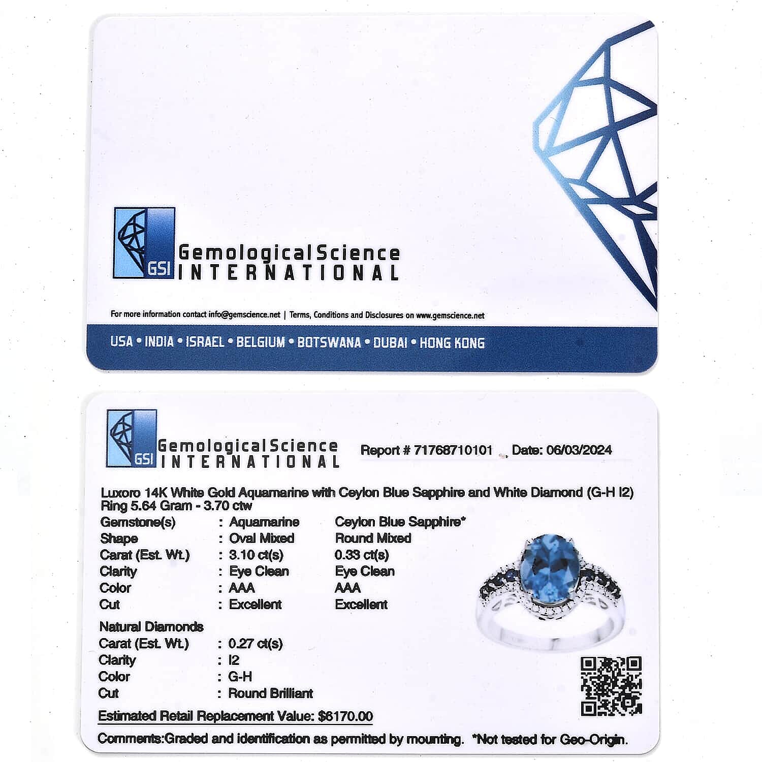 Luxoro AAA Mangoro Aquamarine, Ceylon Blue Sapphire and G-H I2 Diamond 3.80 ctw Ring in 14K White Gold (Size 10.0)