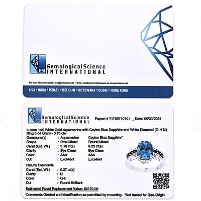 Luxoro AAA Mangoro Aquamarine, Ceylon Blue Sapphire and G-H I2 Diamond 3.80 ctw Ring in 14K White Gold (Size 10.0)