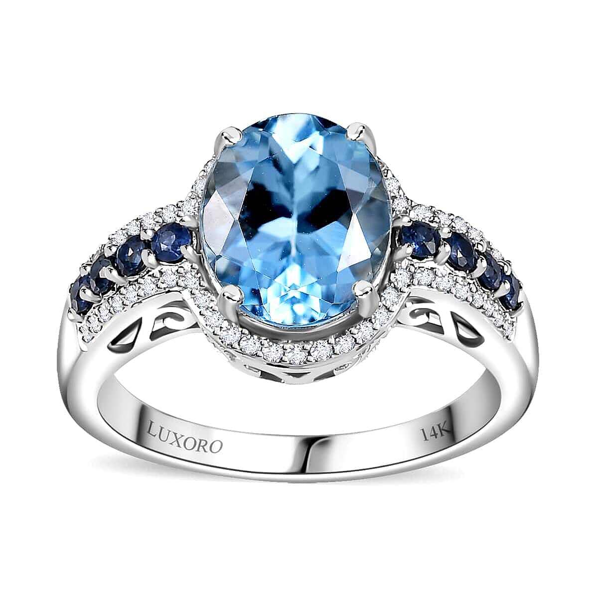 Luxoro 14K White Gold AAA Mangoro Aquamarine, Ceylon Blue Sapphire, Diamond (0.33 cts) (G-H, I2) Ring (Size 10.0) (4.85 g) 3.80 ctw