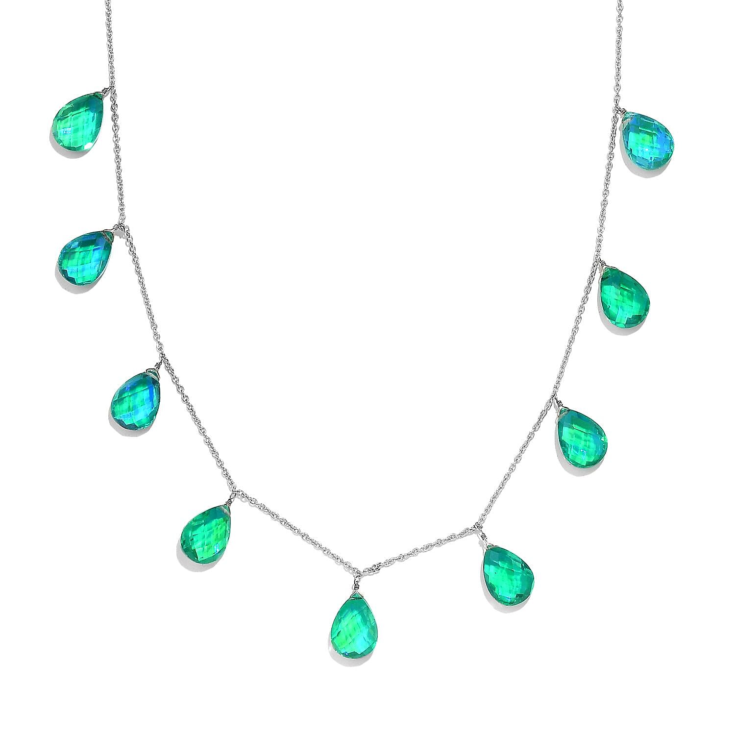 Peacock Quartz (Triplet) Station Necklace 20 Inches in Rhodium Over Sterling Silver 44.00 ctw