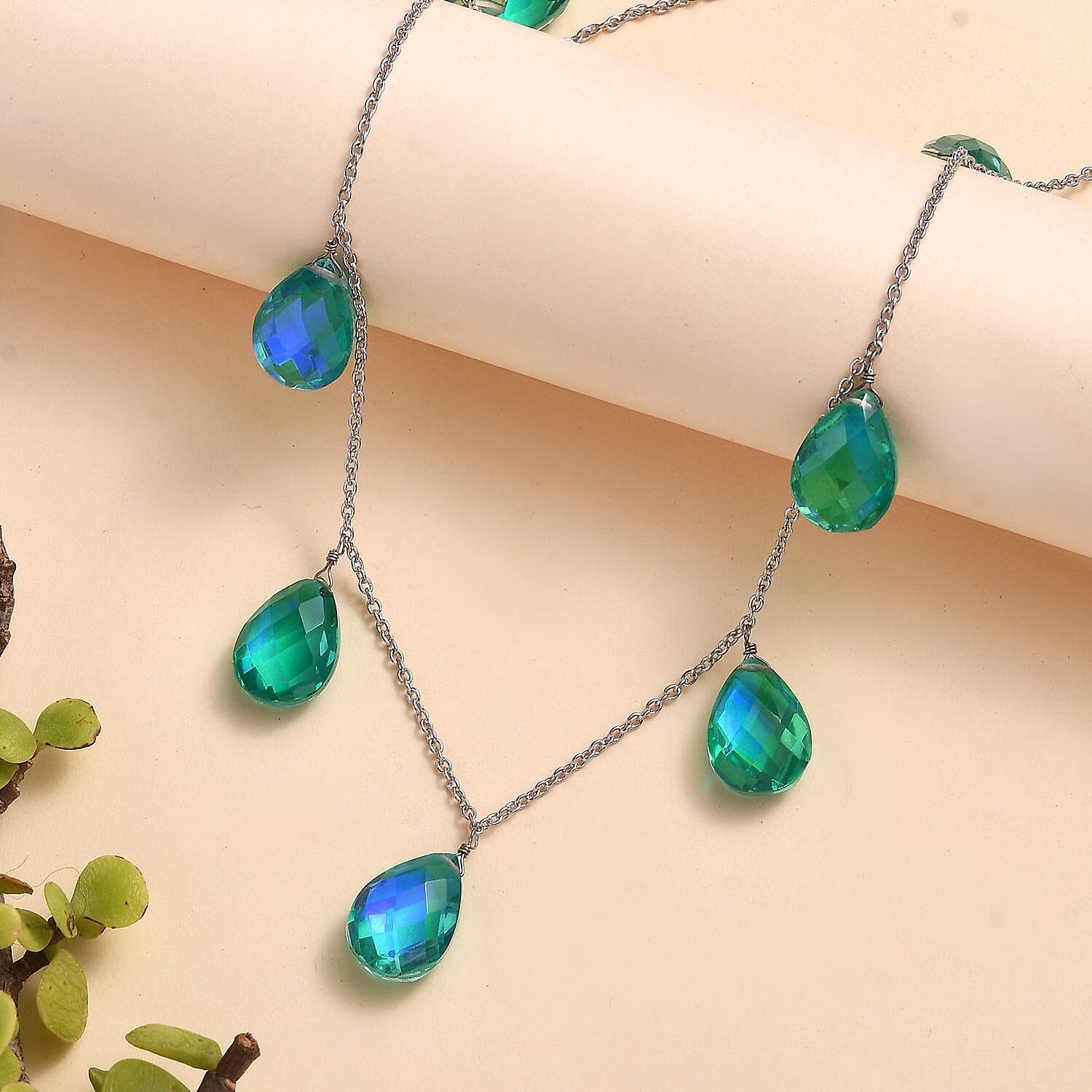 Peacock Quartz (Triplet) Station Necklace 20 Inches in Rhodium Over Sterling Silver 44.00 ctw