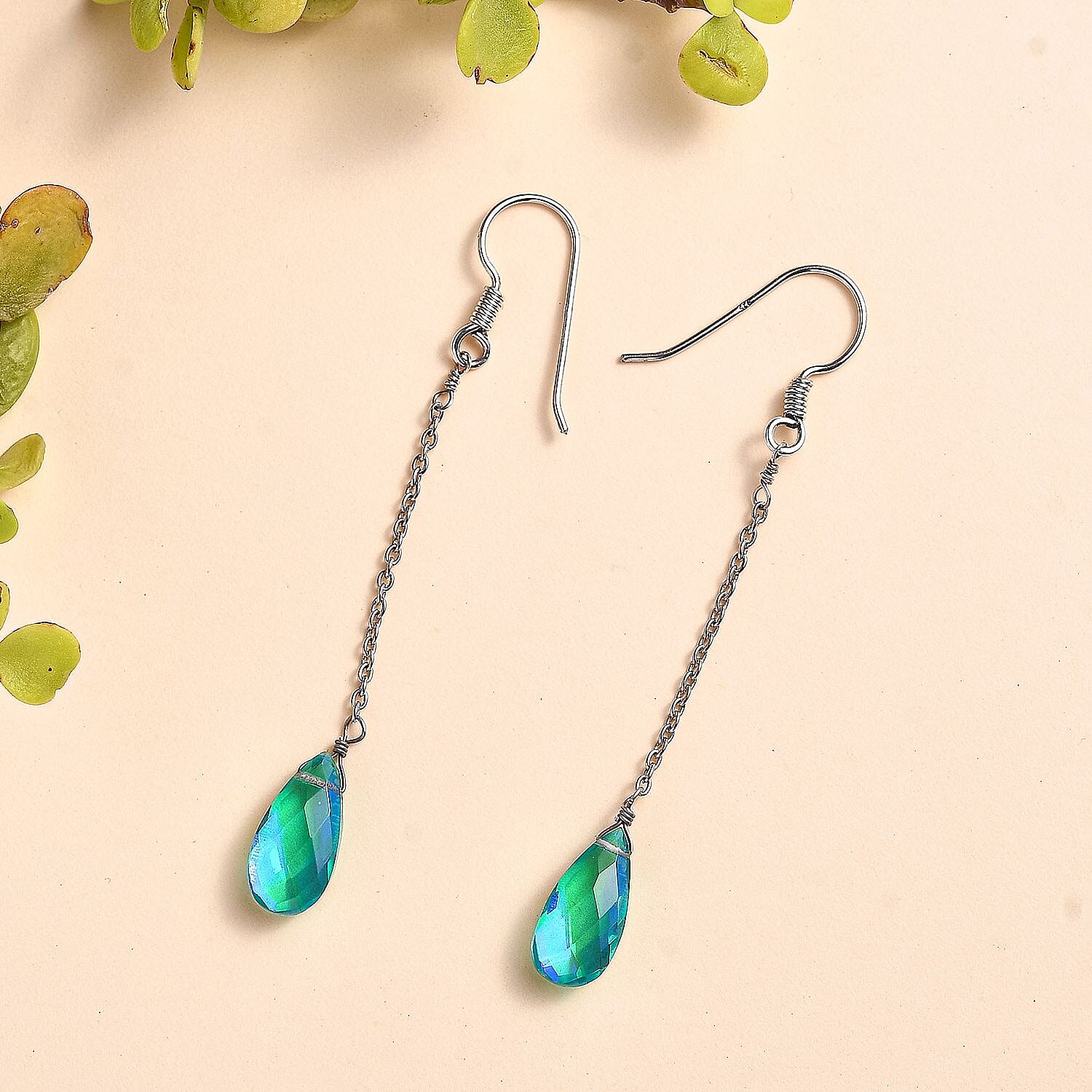 Peacock Quartz (Triplet) Drop Earrings in Rhodium Over Sterling Silver 10.00 ctw
