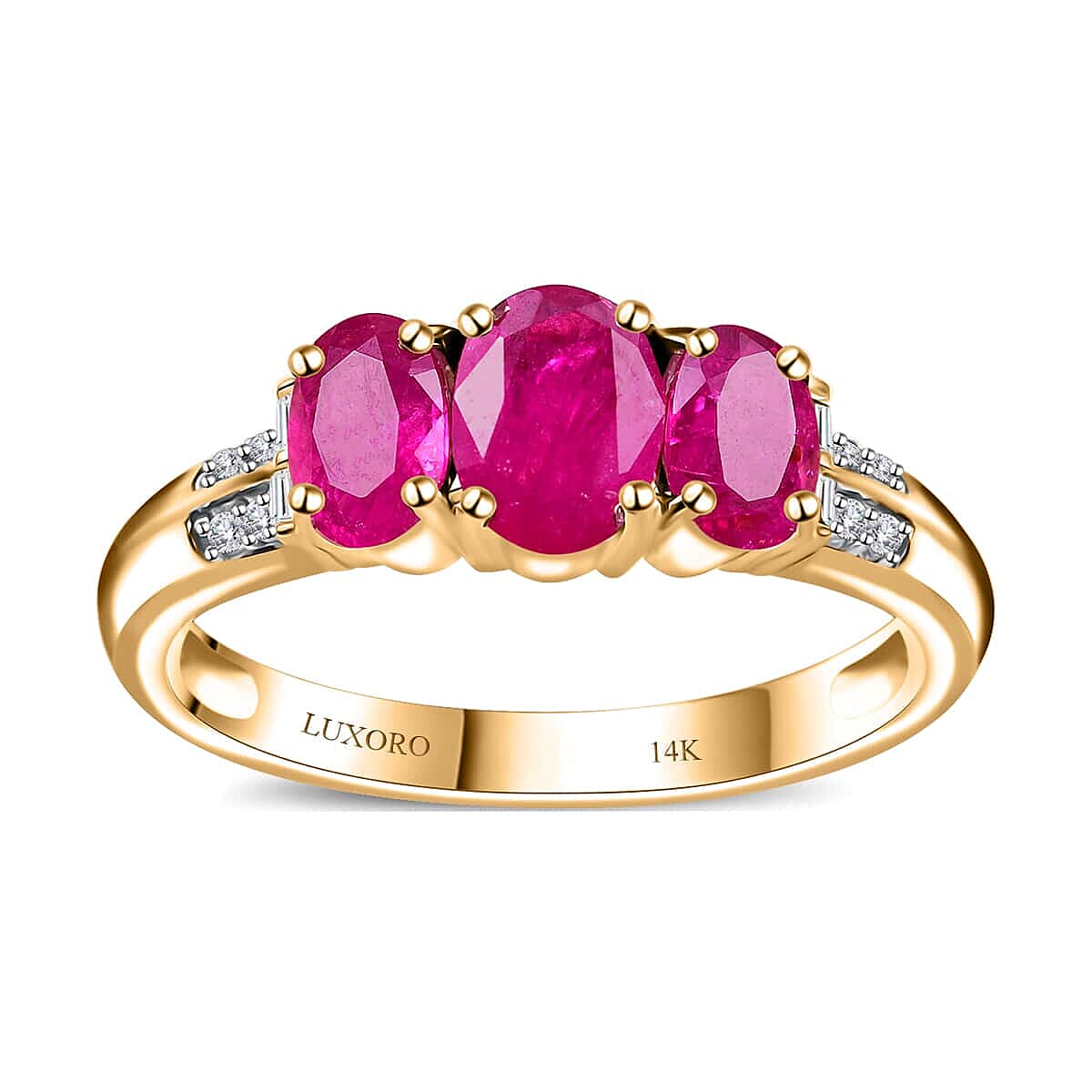 Luxoro 14K Yellow Gold AAA Montepuez Ruby, Diamond (G-H, I2) Trilogy Ring (Size 13.0) (4 g) 2.30 ctw
