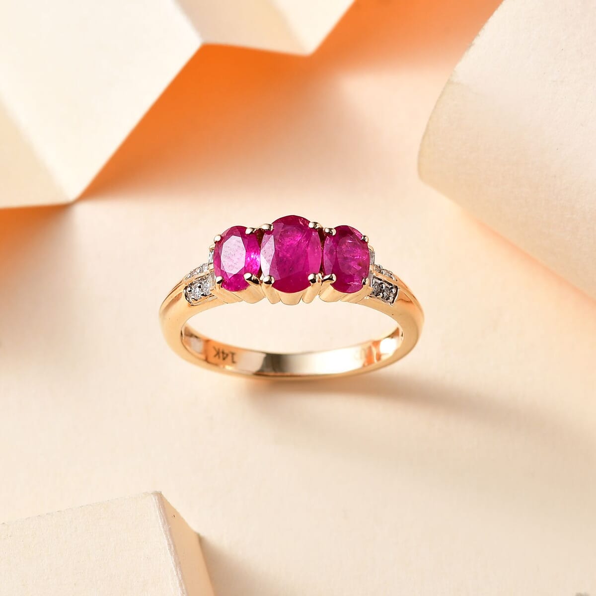 Luxoro AAA Montepuez Ruby and G-H I2 Diamond 2.30 ctw Trilogy Ring in 14K Yellow Gold (Size 6.0) 4 Grams image number 1