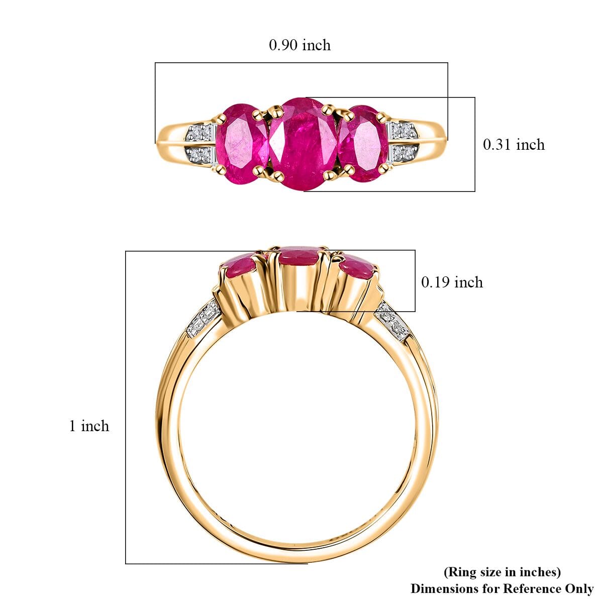 Luxoro AAA Montepuez Ruby and G-H I2 Diamond 2.30 ctw Trilogy Ring in 14K Yellow Gold (Size 6.0) 4 Grams image number 5
