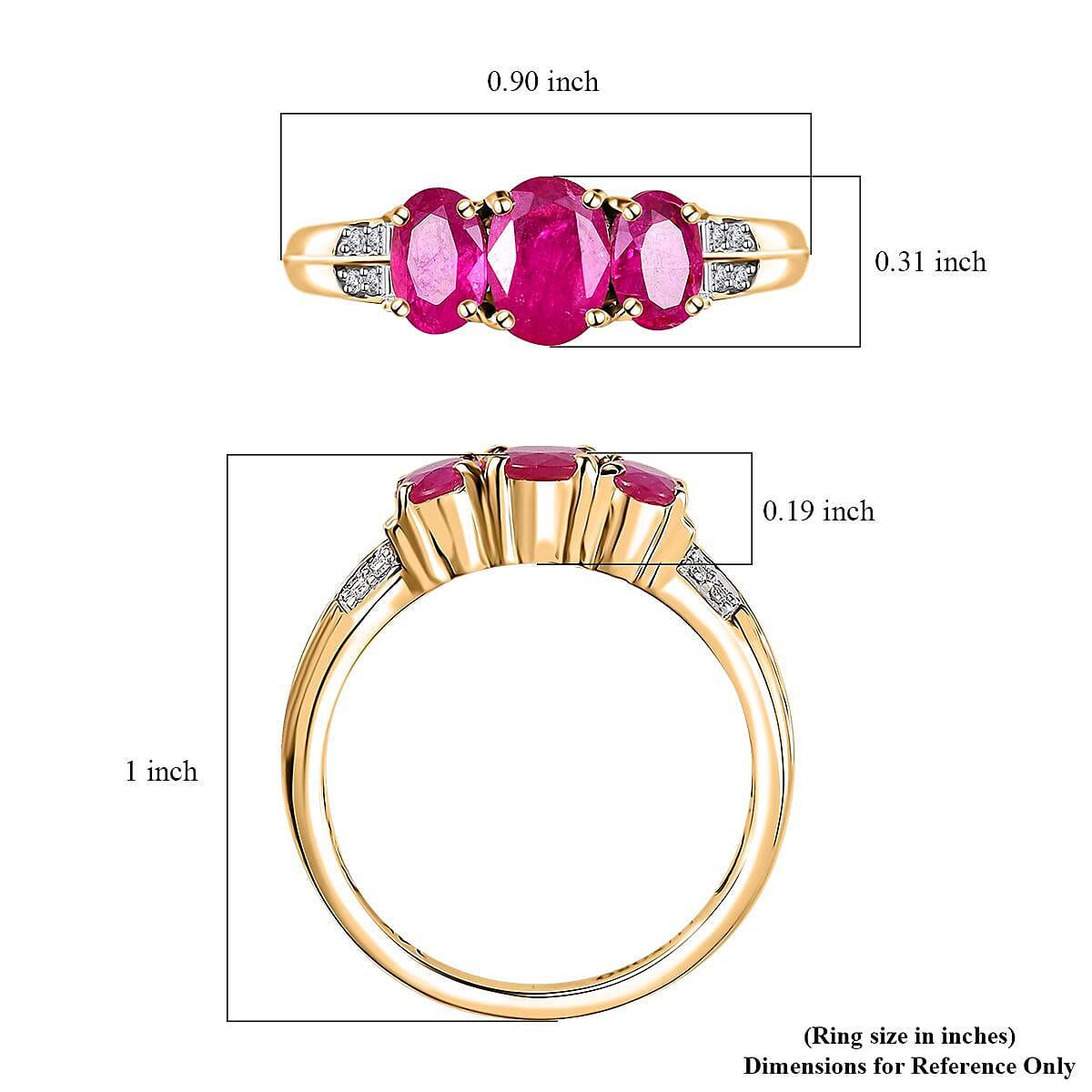 Luxoro AAA Montepuez Ruby and G-H I2 Diamond 2.30 ctw Trilogy Ring in 14K Yellow Gold (Size 9.0) 4 Grams