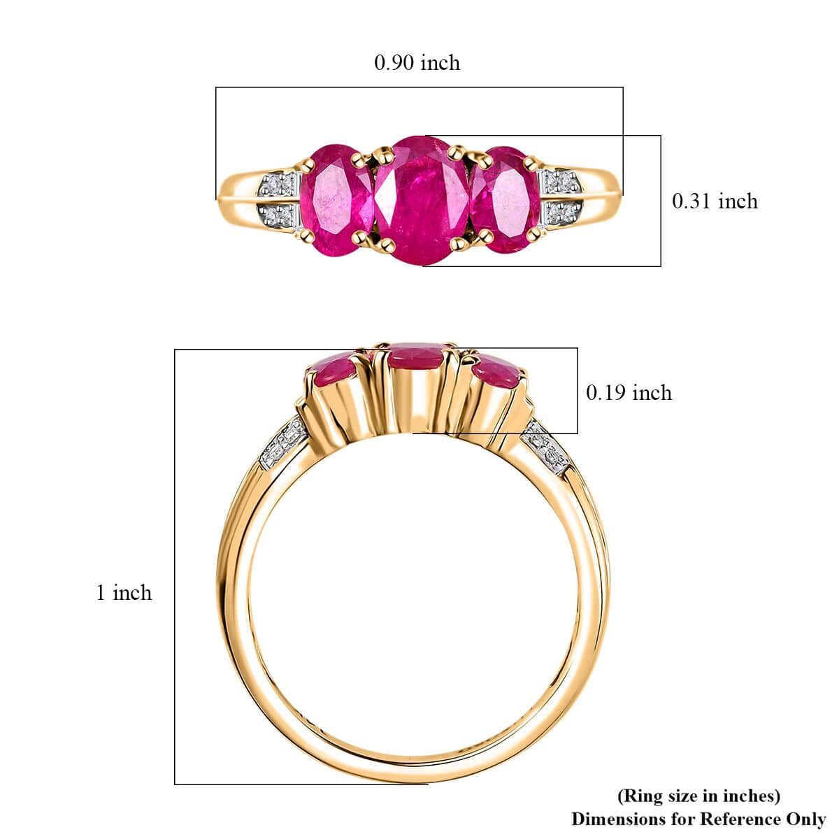 Certified & Appraised Luxoro 14K Yellow Gold AAA Mozambique Ruby, Diamond (G-H, I2) Trilogy Ring (Size 10.0) (4.10 g) 1.85 ctw image number 5