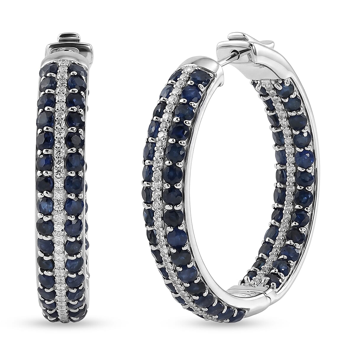 Blue Sapphire and White Zircon 4.10 ctw Hoop Earrings in Rhodium Over Sterling Silver