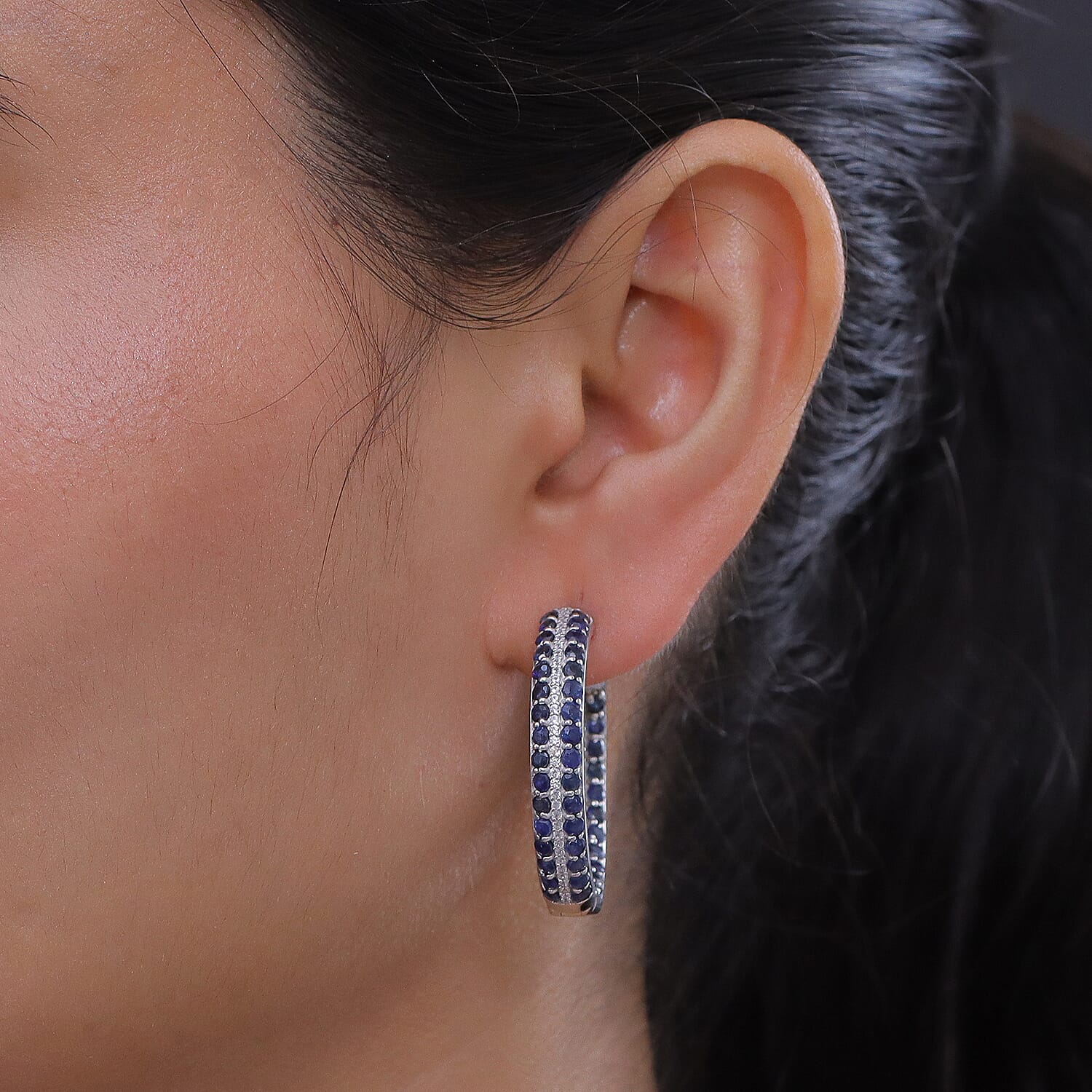 Blue Sapphire and White Zircon 4.10 ctw Hoop Earrings in Rhodium Over Sterling Silver