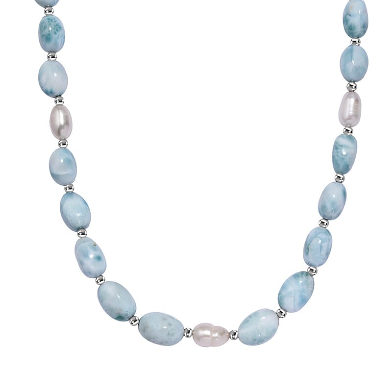 Larimar and Organic Shape Baroque Pearl Necklace 18-20 Inches in Rhodium Over Sterling Silver 160.00 ctw