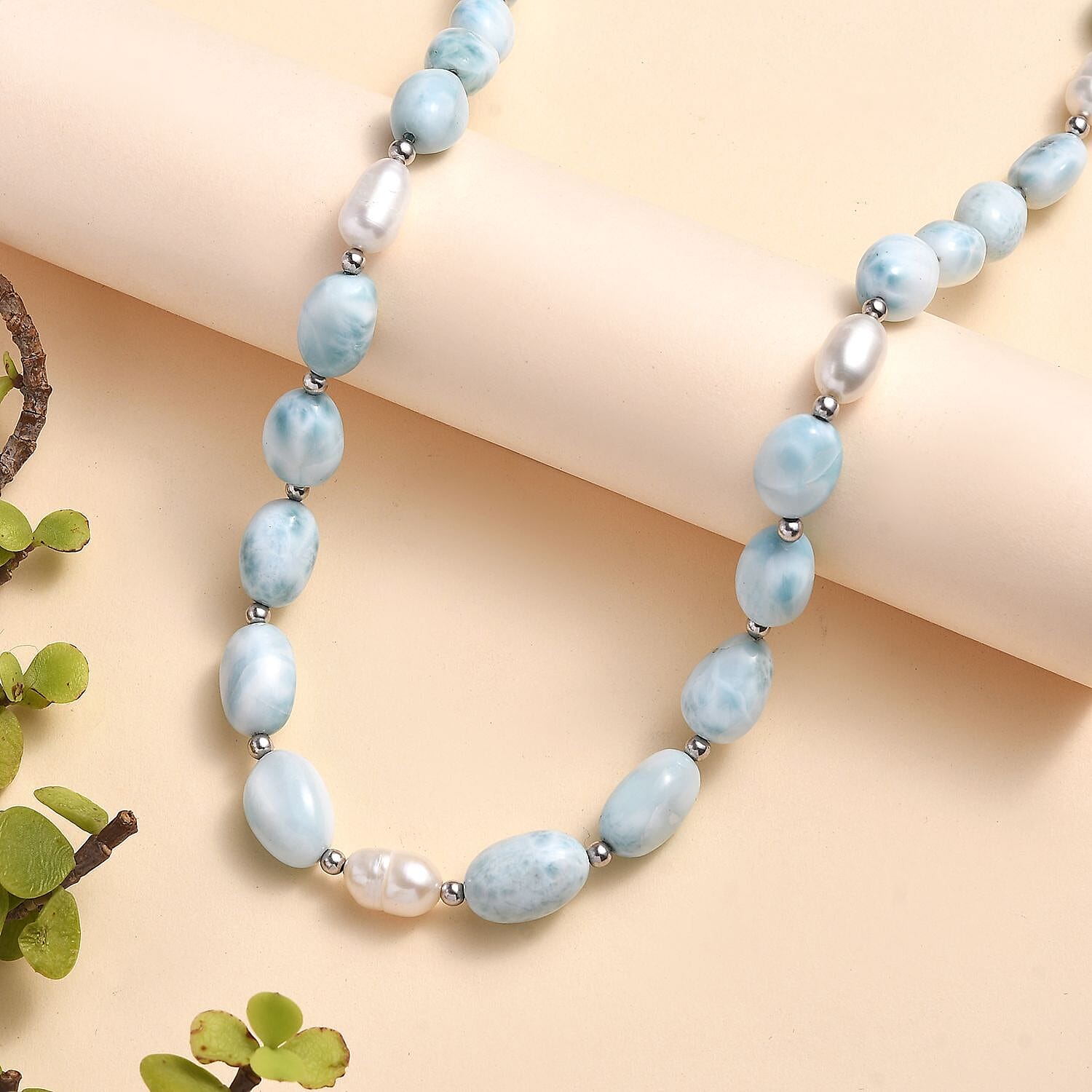 Larimar and Organic Shape Baroque Pearl Necklace 18-20 Inches in Rhodium Over Sterling Silver 160.00 ctw