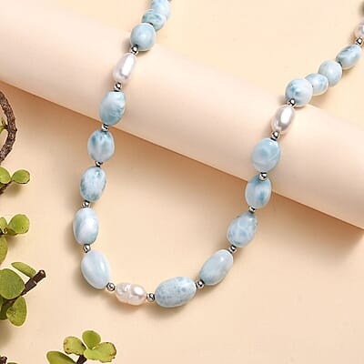 Larimar and Organic Shape Baroque Pearl Necklace 18-20 Inches in Rhodium Over Sterling Silver 160.00 ctw