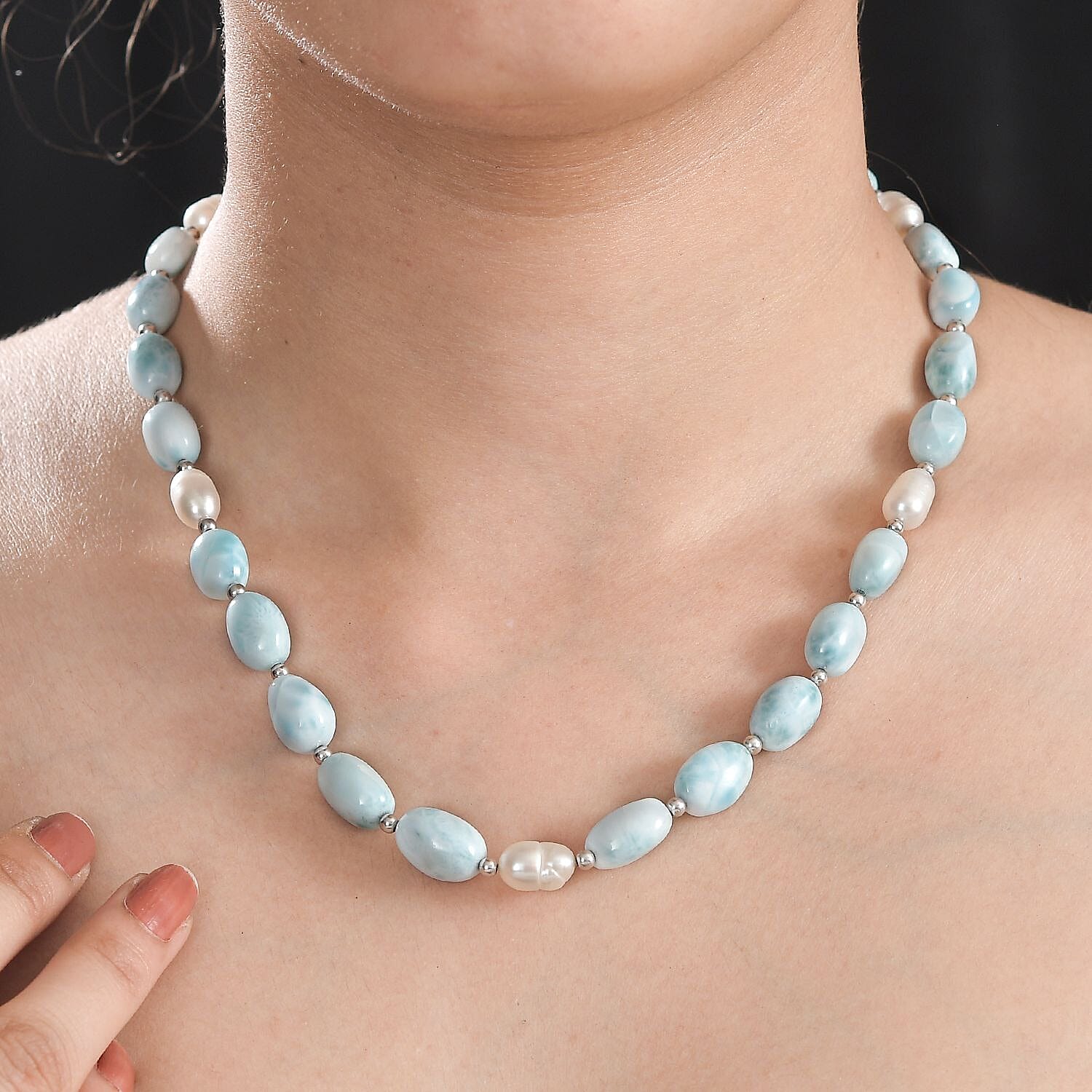 Larimar and Organic Shape Baroque Pearl Necklace 18-20 Inches in Rhodium Over Sterling Silver 160.00 ctw