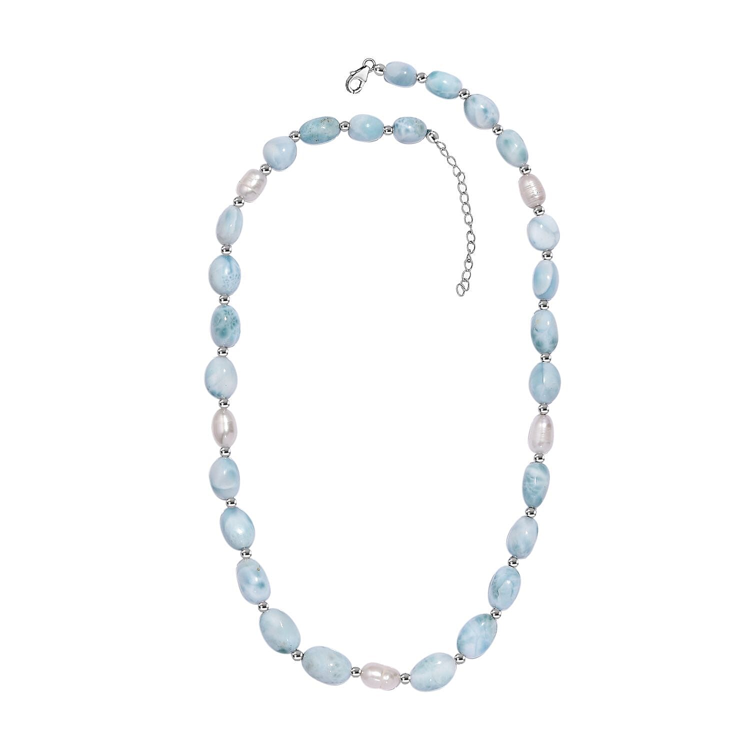 Larimar and Organic Shape Baroque Pearl Necklace 18-20 Inches in Rhodium Over Sterling Silver 160.00 ctw
