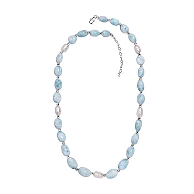 Larimar and Organic Shape Baroque Pearl Necklace 18-20 Inches in Rhodium Over Sterling Silver 160.00 ctw