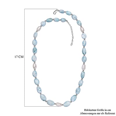 Larimar and Organic Shape Baroque Pearl Necklace 18-20 Inches in Rhodium Over Sterling Silver 160.00 ctw