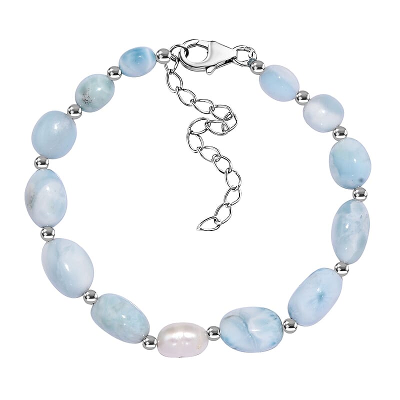Larimar and Organic Shape Baroque Pearl Bracelet in Rhodium Over Sterling Silver (7.50-9.50In) 55.00 ctw