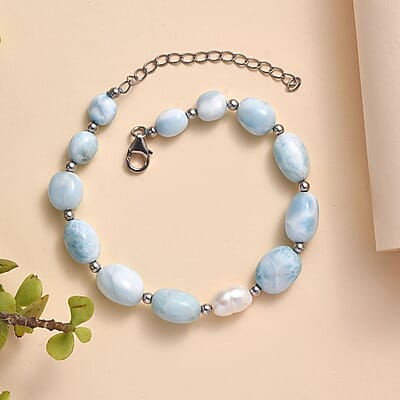 Larimar and Organic Shape Baroque Pearl Bracelet in Rhodium Over Sterling Silver (7.50-9.50In) 55.00 ctw