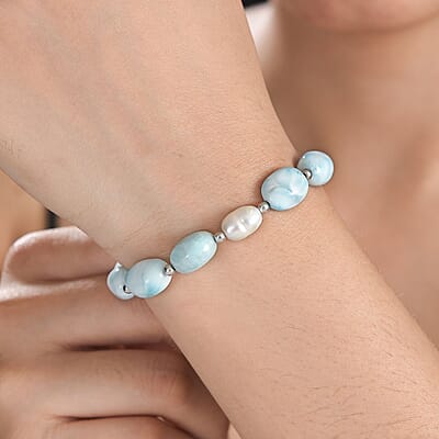 Larimar and Organic Shape Baroque Pearl Bracelet in Rhodium Over Sterling Silver (7.50-9.50In) 55.00 ctw