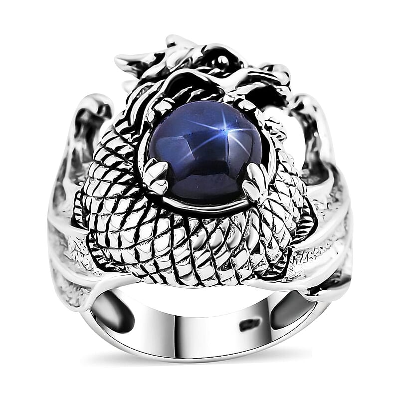 Bali Legacy Blue Star Sapphire (DF) Dragon Ring in Sterling Silver (Size 10.0) 4.20 ctw