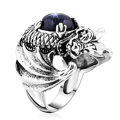 Bali Legacy Blue Star Sapphire (DF) Dragon Ring in Sterling Silver (Size 10.0) 4.20 ctw