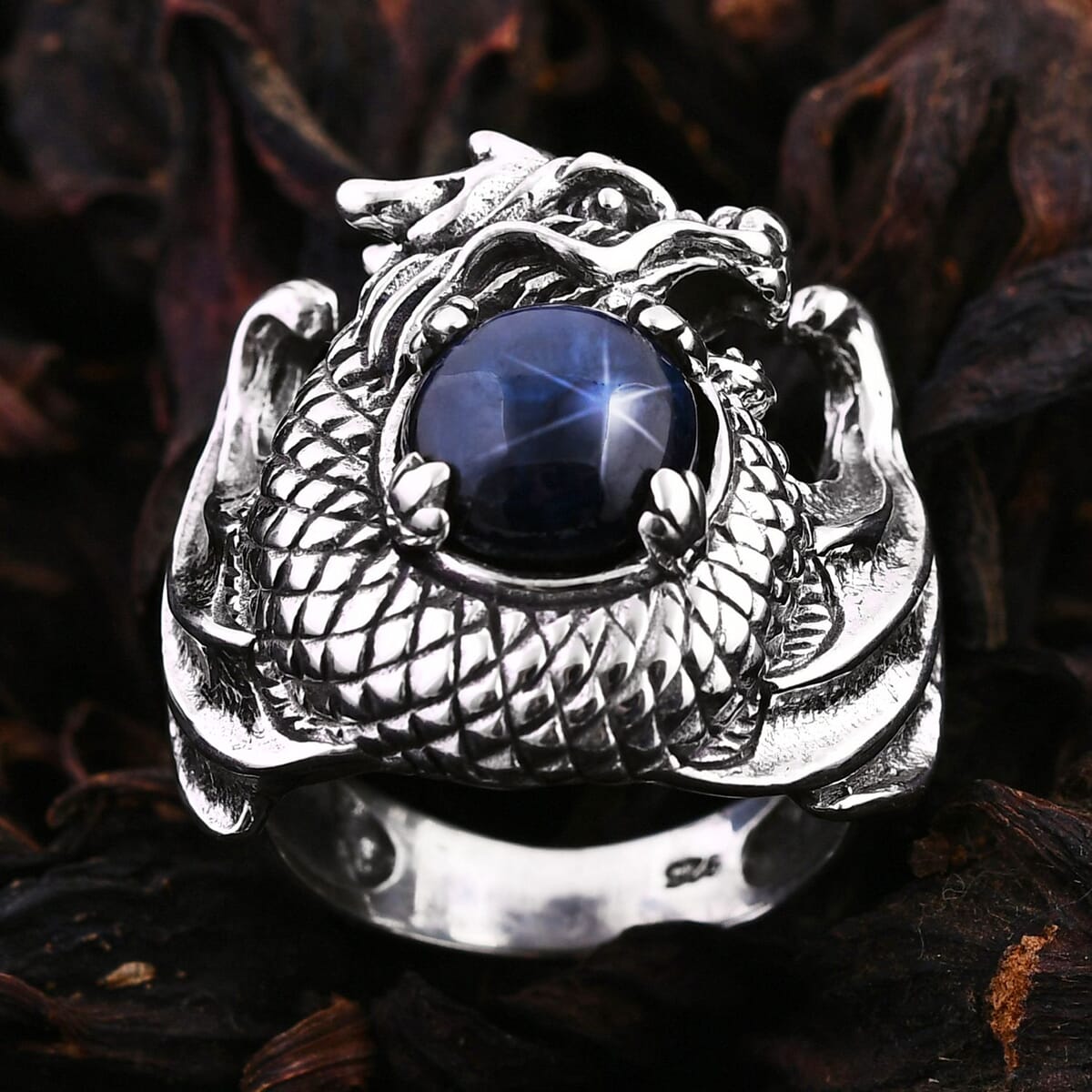 Bali Legacy Blue Star Sapphire (DF) Dragon Ring in Sterling Silver (Size 7.0) 4.20 ctw image number 1