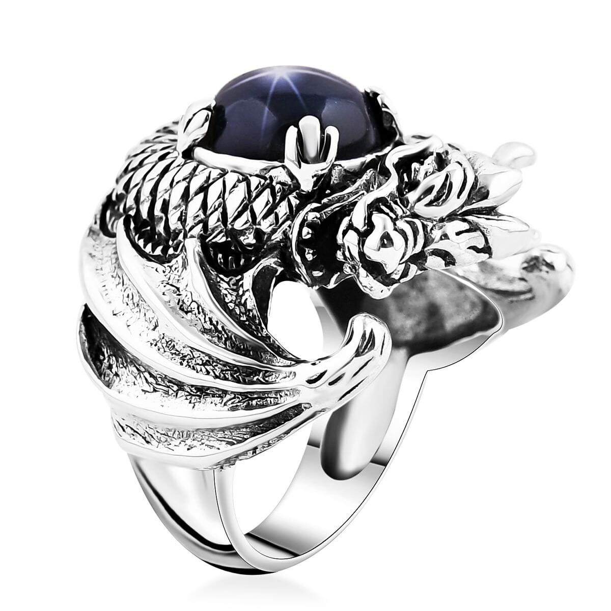 Bali Legacy Blue Star Sapphire (DF) Dragon Ring in Sterling Silver (Size 7.0) 4.20 ctw image number 3