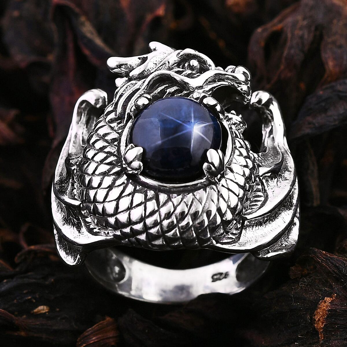 Bali Legacy Blue Star Sapphire (DF) Dragon Ring in Sterling Silver (Size 8.0) 4.20 ctw image number 1