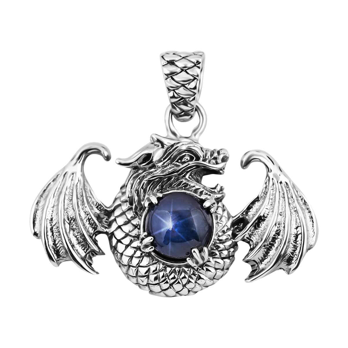 Bali Legacy Blue Star Sapphire (DF) Dragon Pendant in Sterling Silver 4.20 ctw image number 0
