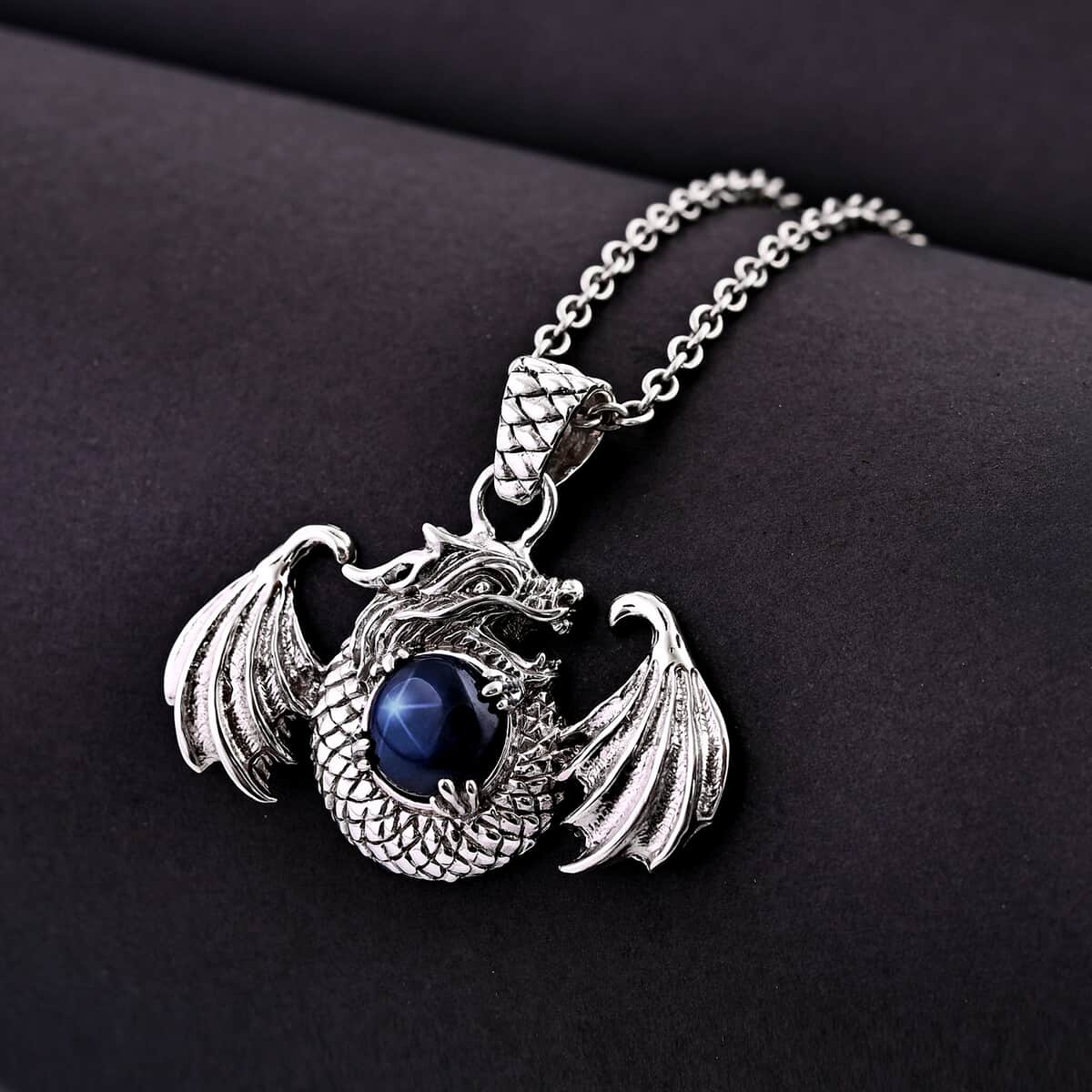Bali Legacy Blue Star Sapphire (DF) Dragon Pendant in Sterling Silver 4.20 ctw image number 1