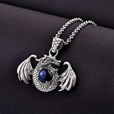 Bali Legacy Blue Star Sapphire (DF) Dragon Pendant in Sterling Silver 4.20 ctw