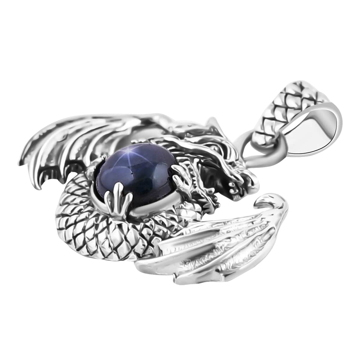 Bali Legacy Blue Star Sapphire (DF) Dragon Pendant in Sterling Silver 4.20 ctw image number 3