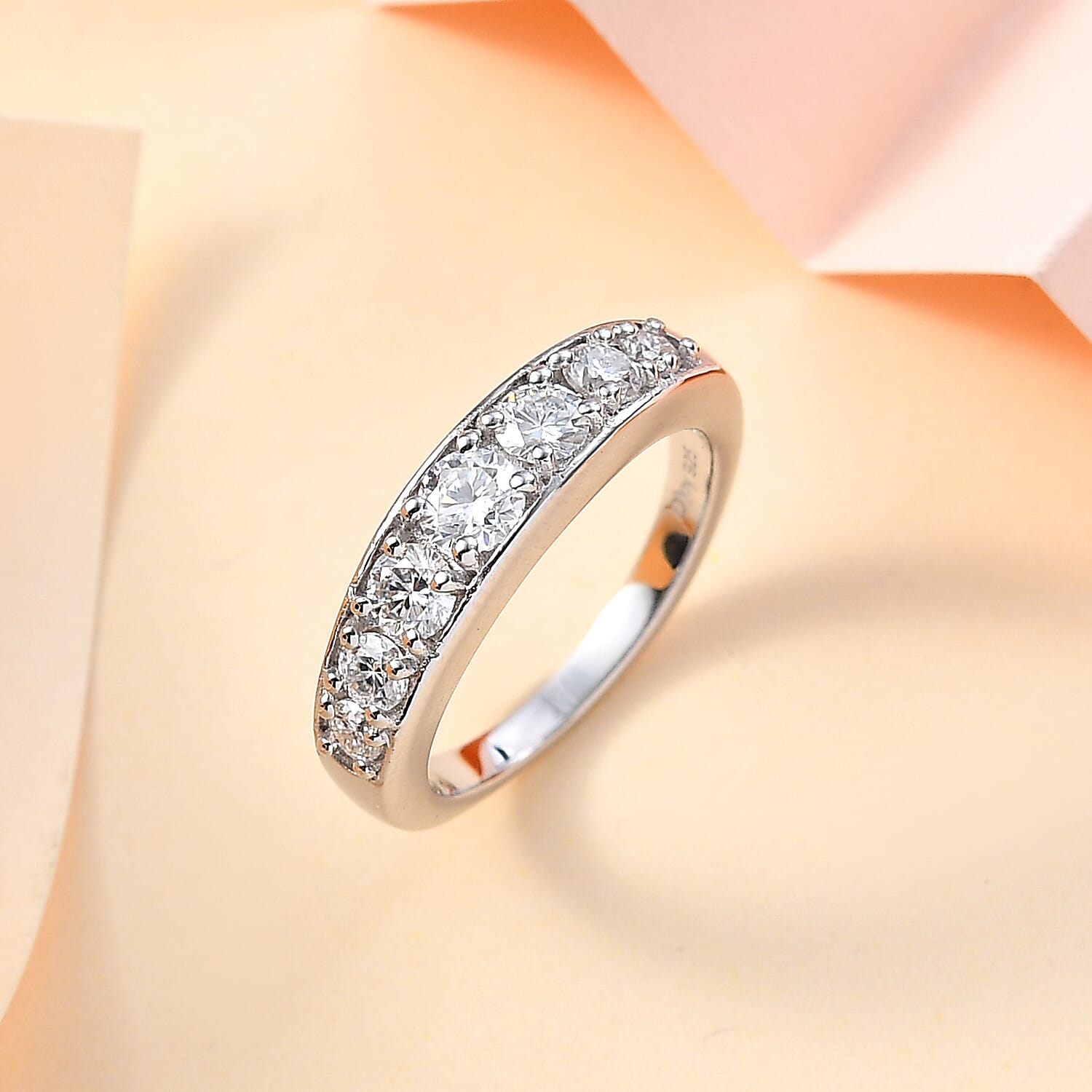Moissanite Half Eternity Band Ring in Rhodium Over Sterling Silver (Size 10.0) 0.90 ctw