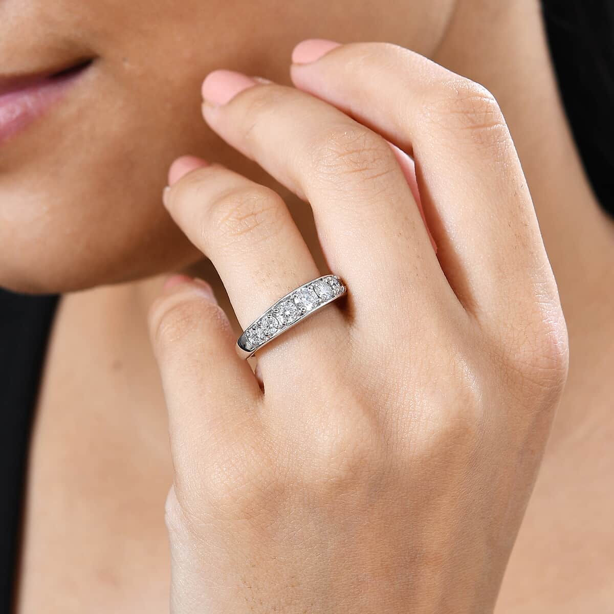 Moissanite Half Eternity Band Ring in Rhodium Over Sterling Silver (Size 10.0) 0.90 ctw image number 2