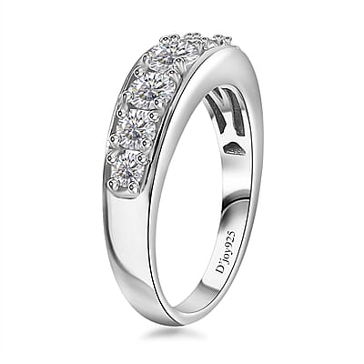 Moissanite Half Eternity Band Ring in Rhodium Over Sterling Silver (Size 10.0) 0.90 ctw