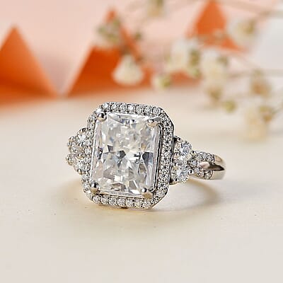 Moissanite Ring in Rhodium Over Sterling Silver (Size 10.0) 4.10 ctw