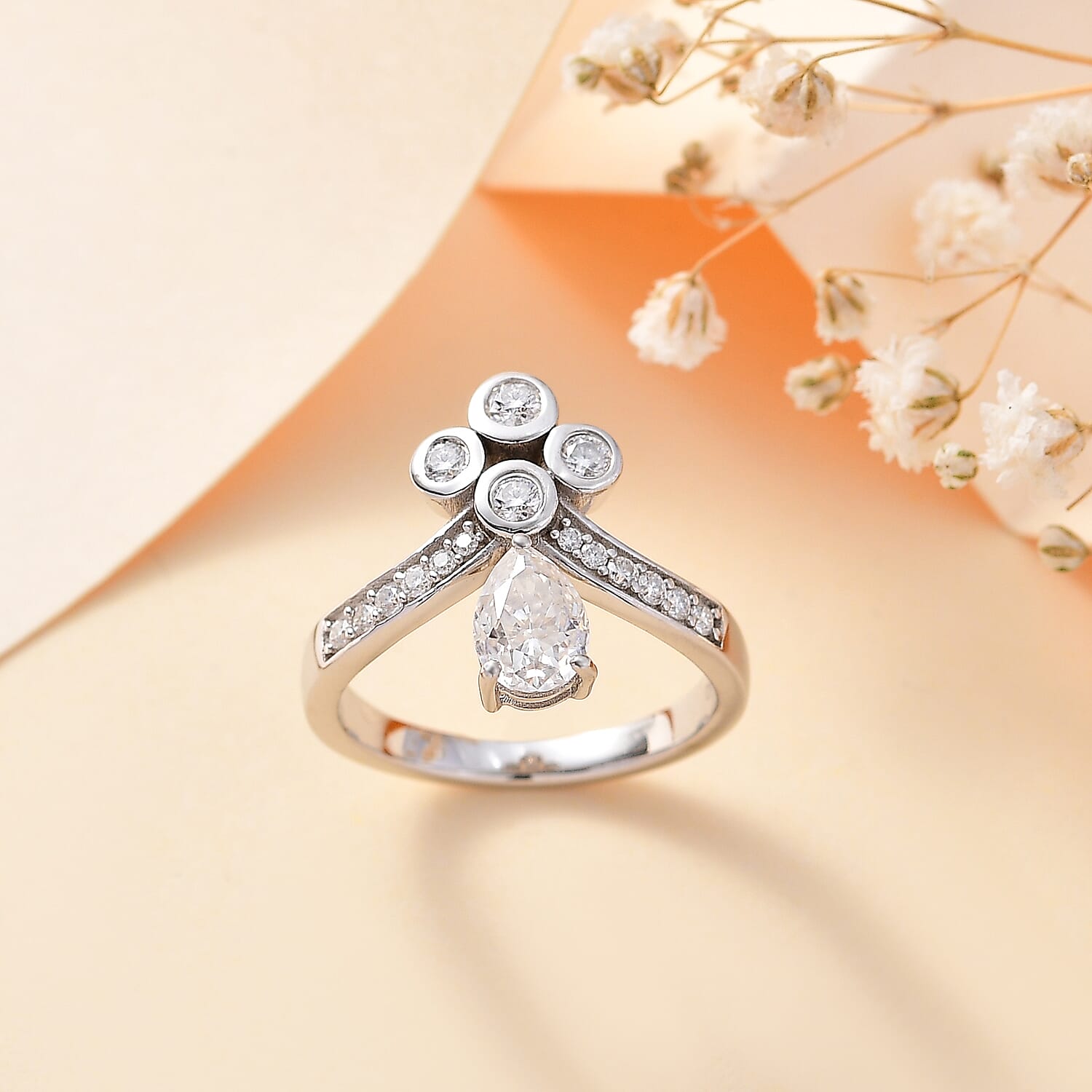 Moissanite Ring in Rhodium Over Sterling Silver (Size 10.0) 1.30 ctw
