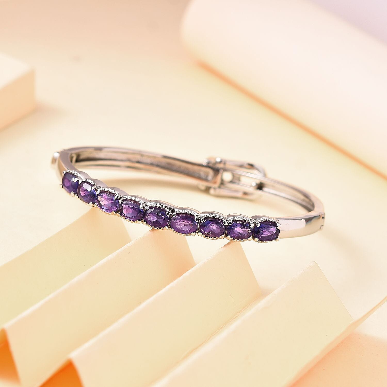 African Amethyst Bangle Bracelet in Stainless Steel (6.50 In) 3.60 ctw