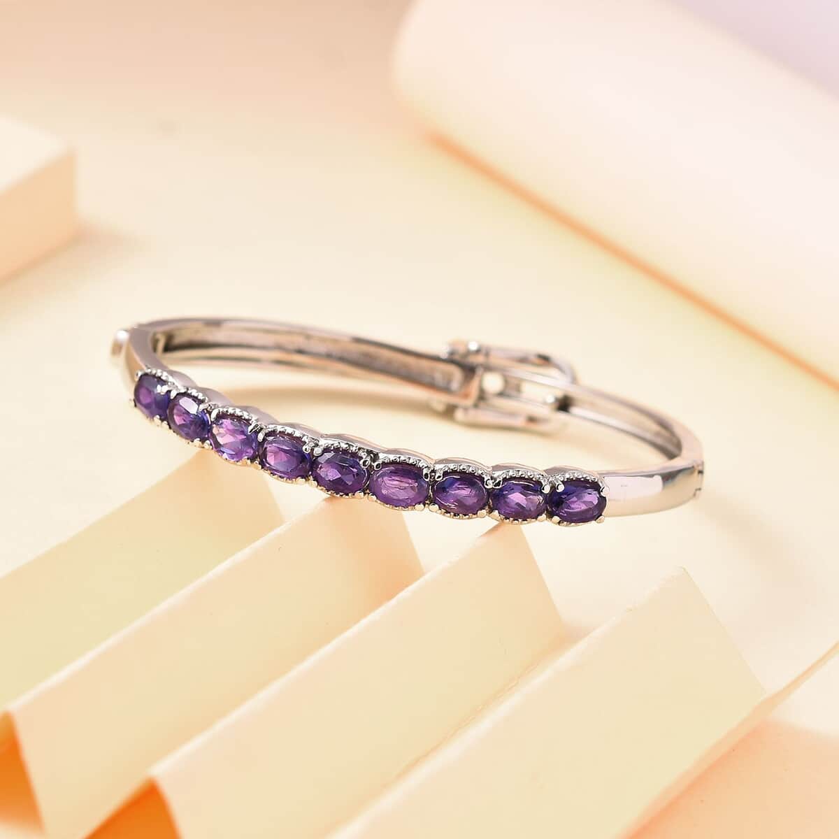 African Amethyst Bangle Bracelet in Stainless Steel (6.50 In) 3.60 ctw image number 1