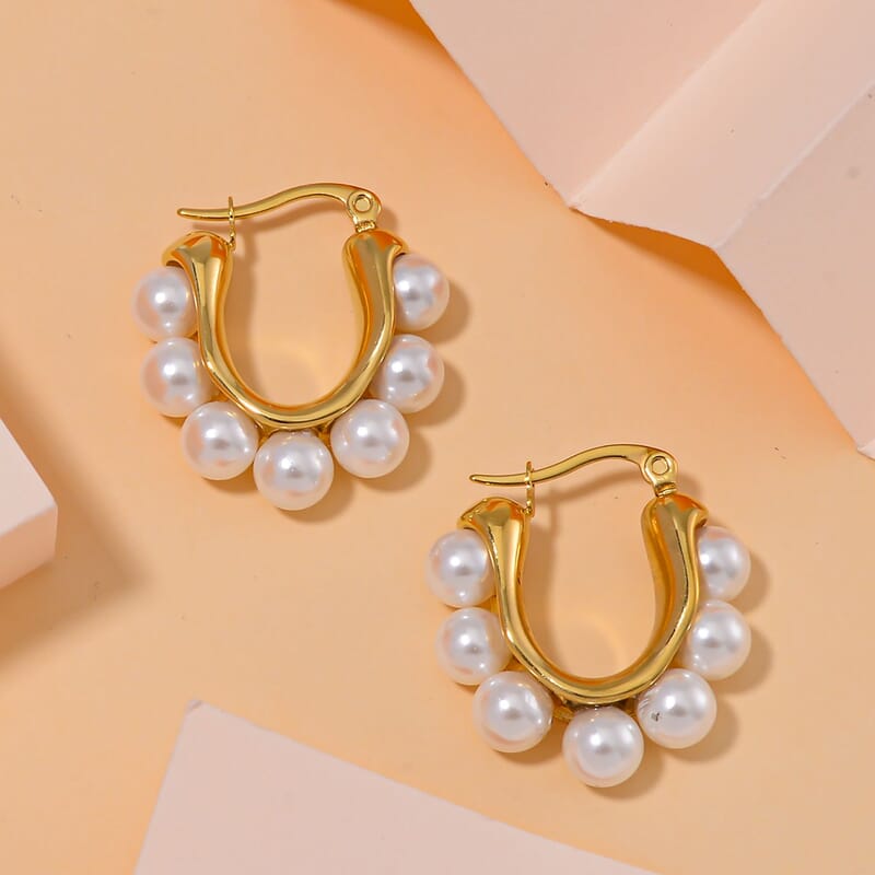 White Shell Pearl Earrings in ION Plated YG Stainless Steel