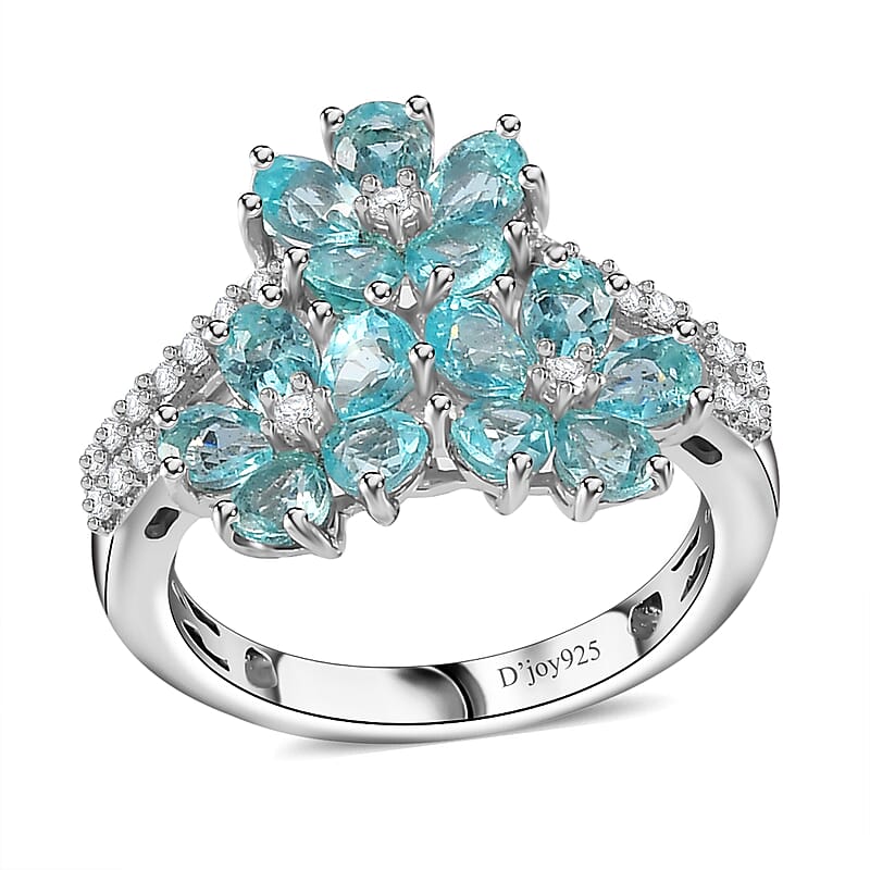Betroka Blue Apatite and White Zircon Flower Ring in Rhodium Over Sterling Silver (Size 10.0) 2.85 ctw