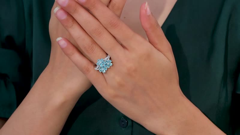 Batroke Blue Apatite, White Zircon Floral Ring in Rhodium Over Sterling Silver (Size 10.0) 2.85 ctw