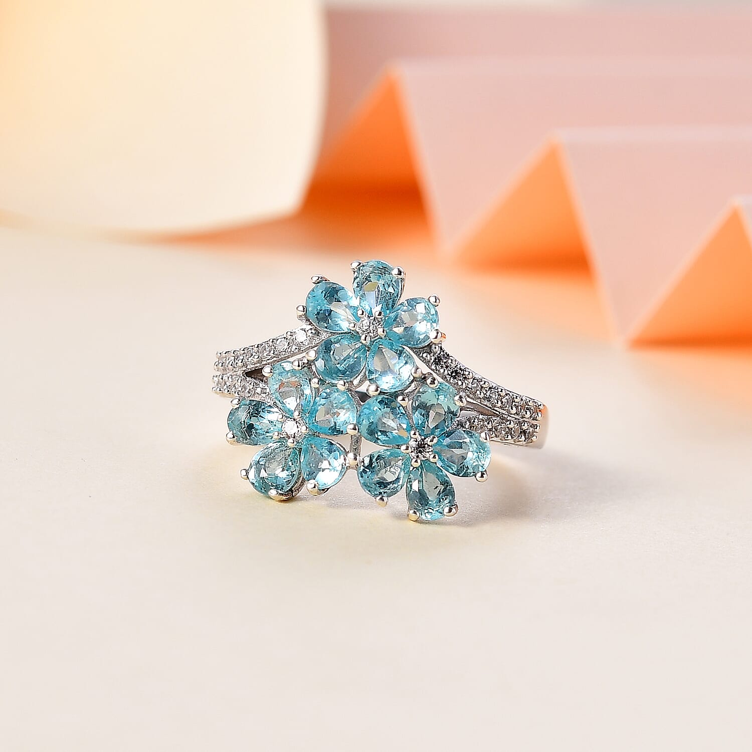 Betroka Blue Apatite and White Zircon Flower Ring in Rhodium Over Sterling Silver (Size 10.0) 2.85 ctw