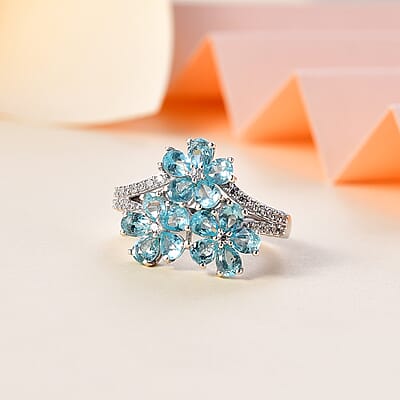 Betroka Blue Apatite and White Zircon Flower Ring in Rhodium Over Sterling Silver (Size 10.0) 2.85 ctw
