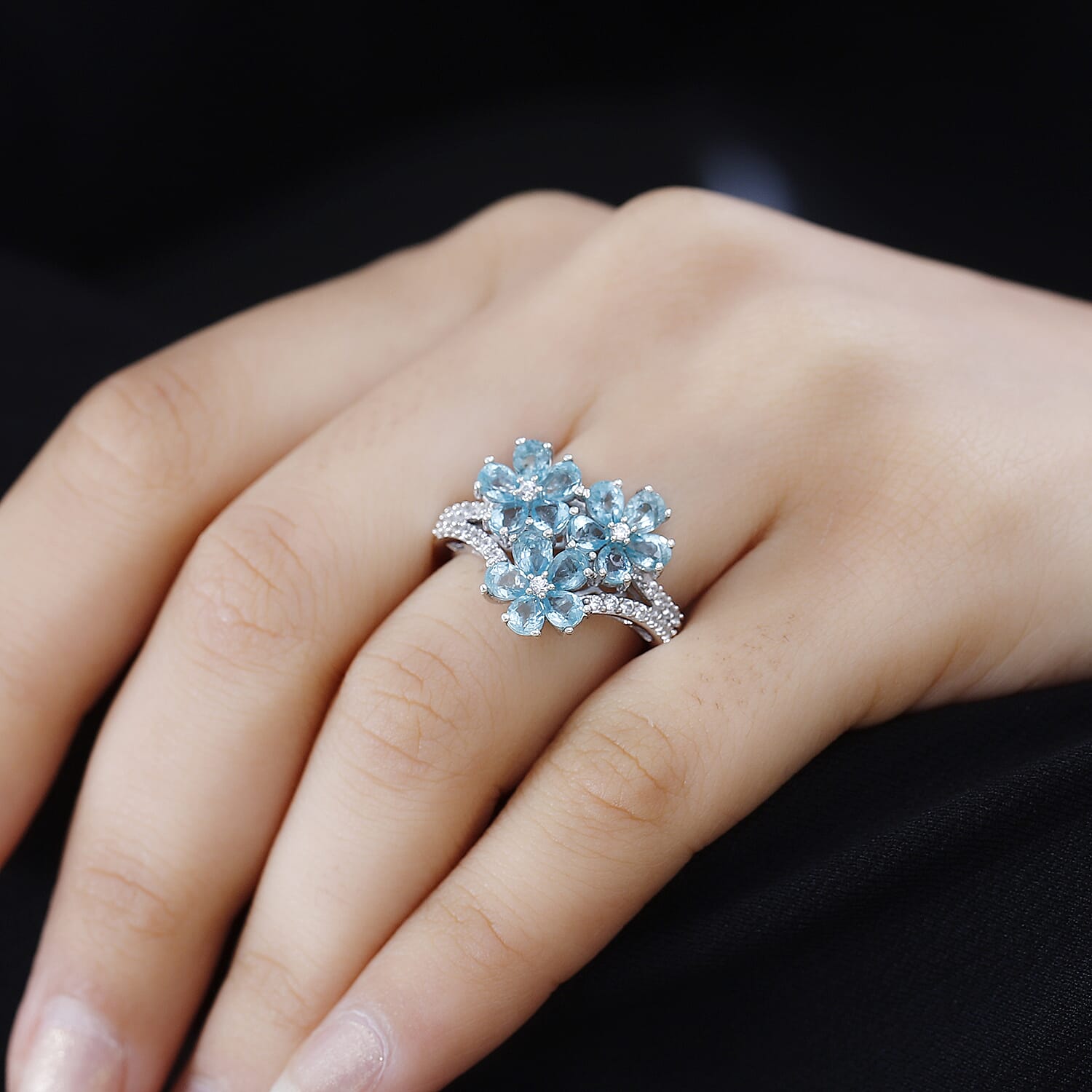 Betroka Blue Apatite and White Zircon Flower Ring in Rhodium Over Sterling Silver (Size 10.0) 2.85 ctw