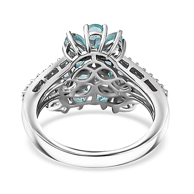 Betroka Blue Apatite and White Zircon Flower Ring in Rhodium Over Sterling Silver (Size 10.0) 2.85 ctw