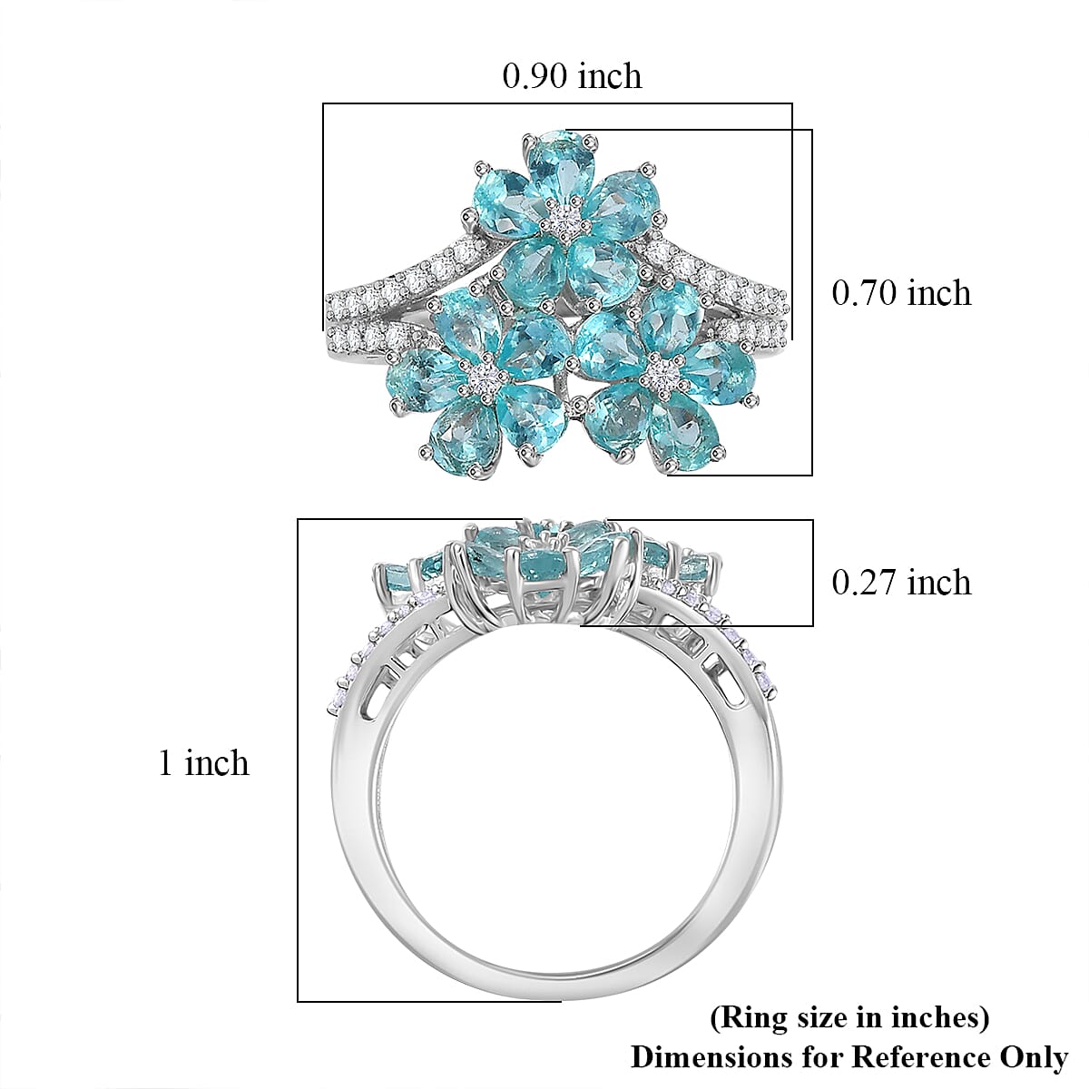 Betroka Blue Apatite and White Zircon Flower Ring in Rhodium Over Sterling Silver (Size 10.0) 2.85 ctw