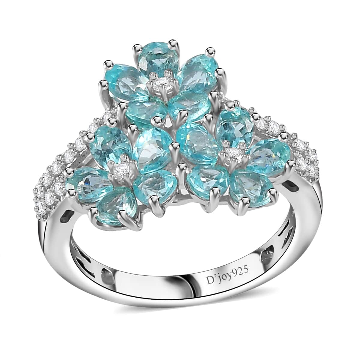 Betroka Blue Apatite and White Zircon Flower Ring in Rhodium Over Sterling Silver (Size 5.0) 2.85 ctw image number 0
